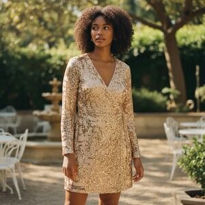 Boohoo Rose Gold Sequin Wrap Dress Sparkly‎ Party Special Occasion Dress M
